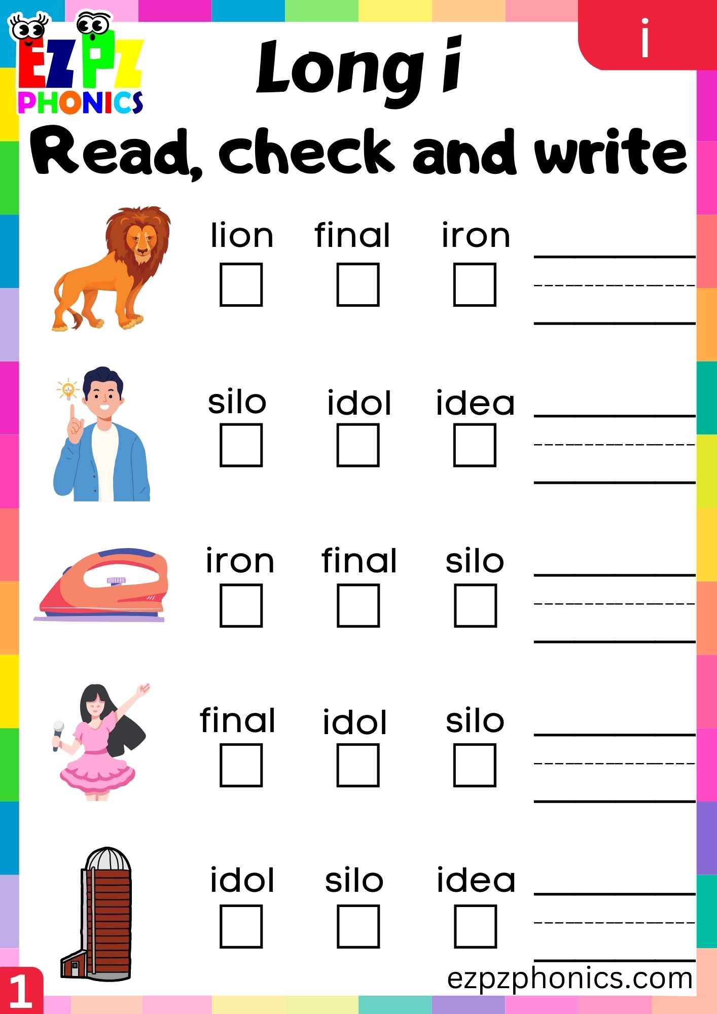 I Words Read, Check And Write Long I Phonics Worksheet